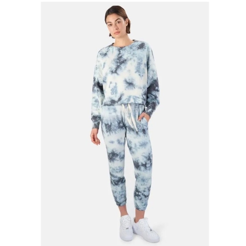 NSF Sonia Crew Neck & Sayde Sweatpant Matching Lounge Set Storm Blue Tie Dye M
